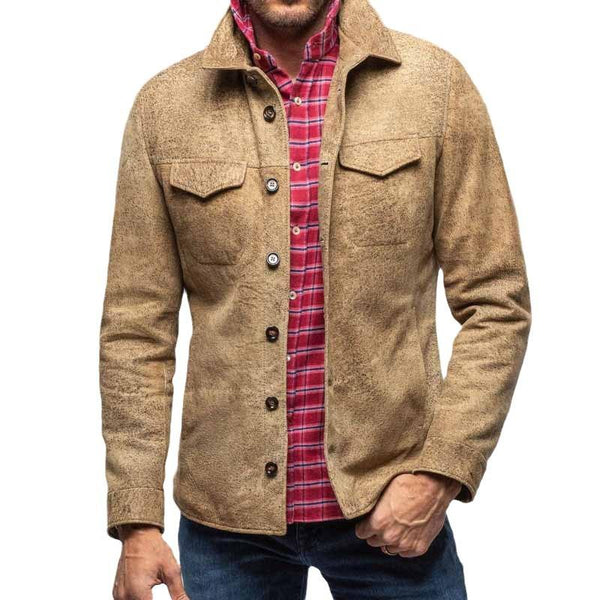 Men's Solid Suede Lapel Chest Pocket Long Sleeve Cargo Jacket 95247597Z