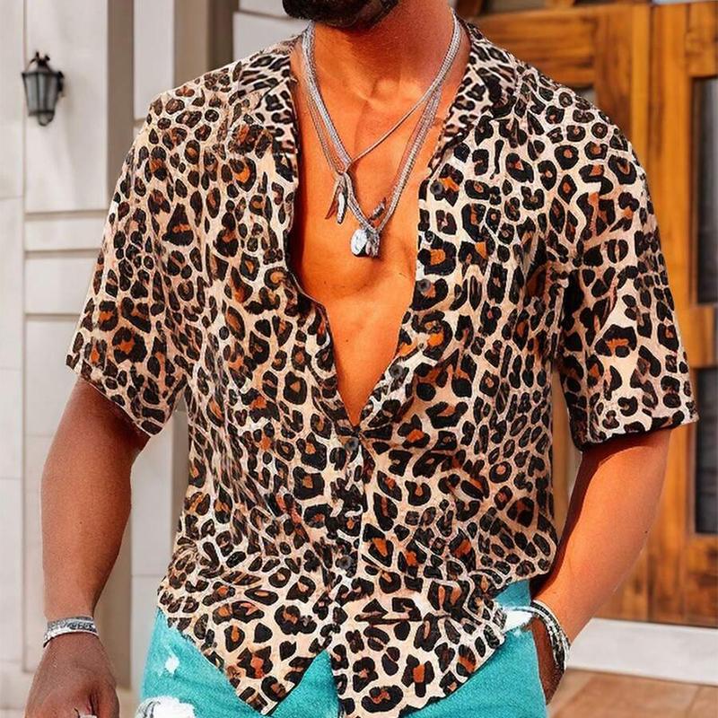 Men's Leopard Print Lapel Short Sleeve Shirt 48641467X