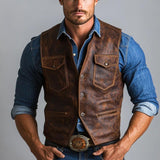 Men's Vintage Three Button Distressed Leather Vest 67692984U