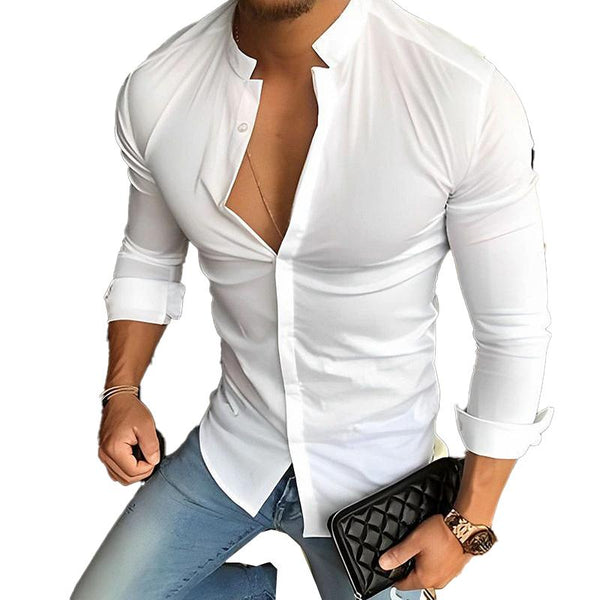 Men's Casual Fashion Solid Color Stand Collar Long Sleeve Shirt 79136189X