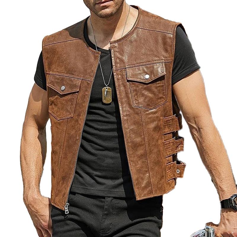 Men's Vintage Solid Color Chest Pocket Collarless Leather Vest 89985087Y