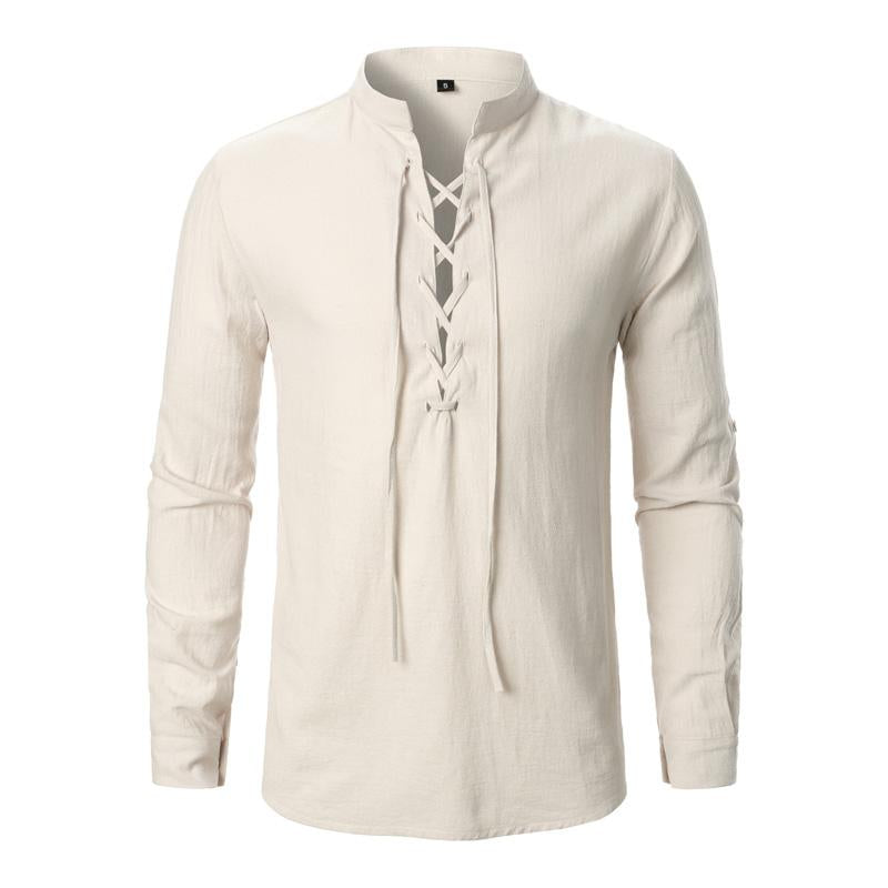 Men's Cotton and Linen Lace-up Casual Long-sleeved Shirt 63529919U