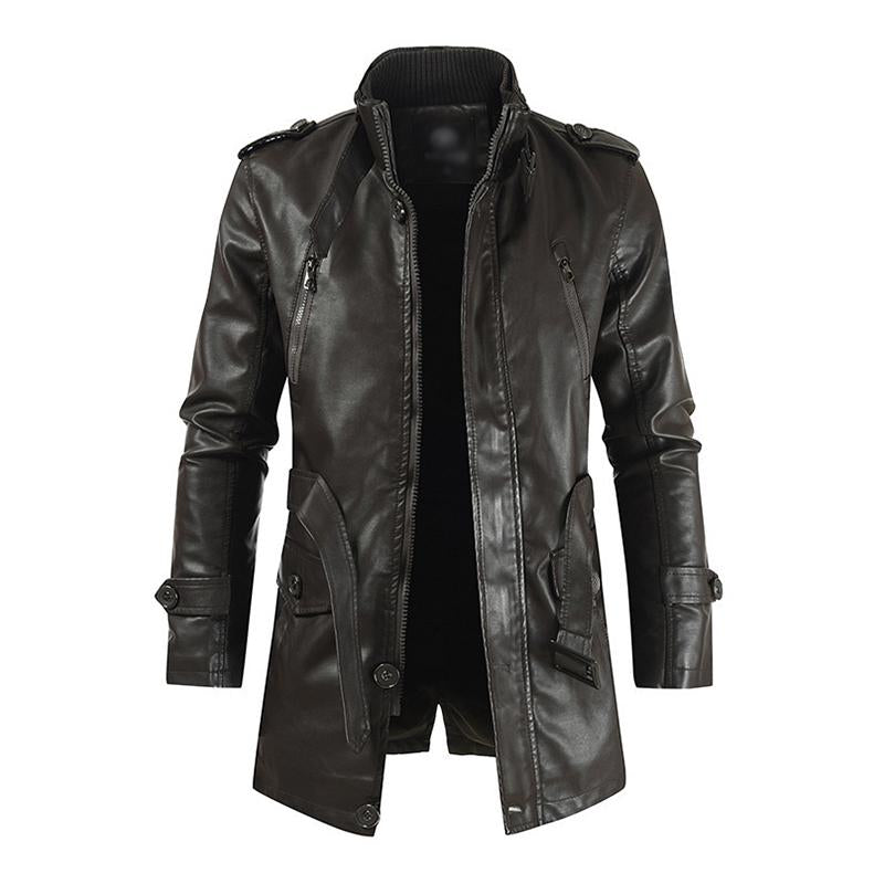 Men's Vintage Stand Collar Thickened Warm Mid-Length Zippered Leather Coat 04534056M