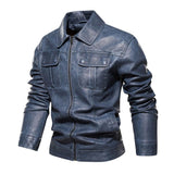 Men's Vintage Solid Color Double Breast Pockets Lapel Leather Jacket 33879944Y
