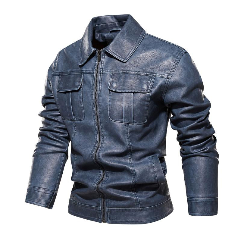 Men's Vintage Solid Color Double Breast Pockets Lapel Leather Jacket 33879944Y