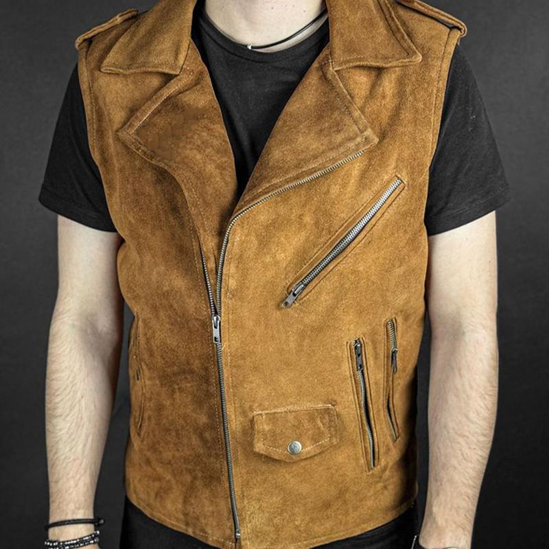 Men's Vintage Suede Notched Lapel Zipper Vest 74333332U