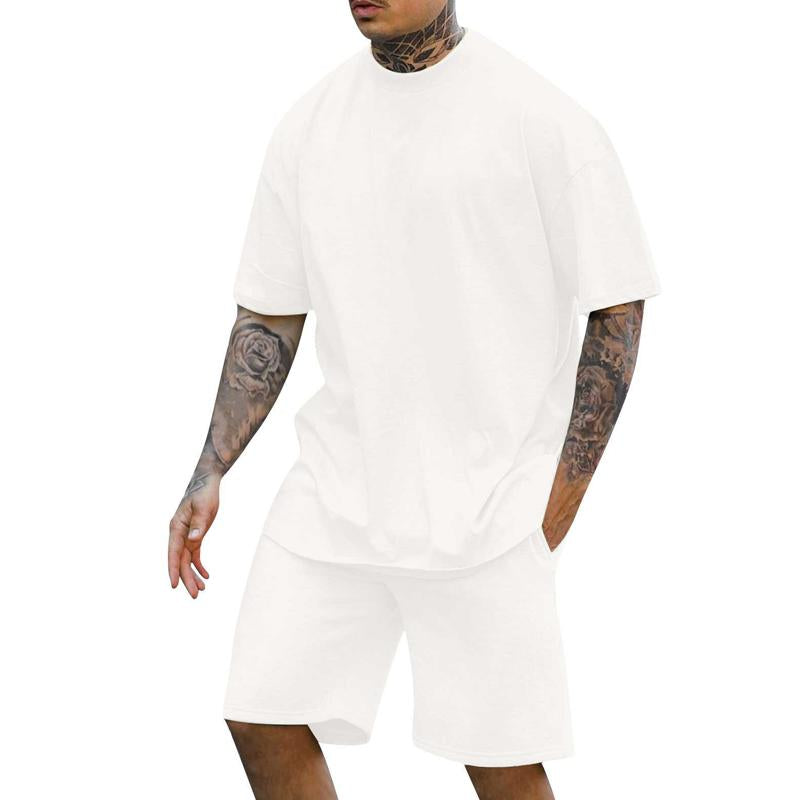 Men's Solid Color Round Neck Short Sleeve Shorts Two-Piece Set 30633508X