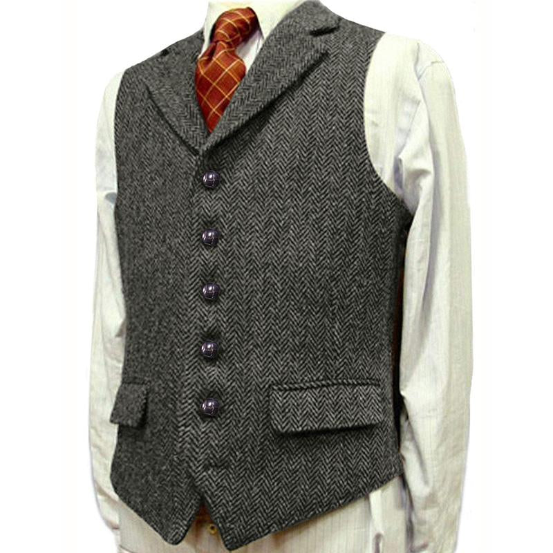 Men's Vintage Lapel Herringbone Single Breasted Suit Vest 96979880M