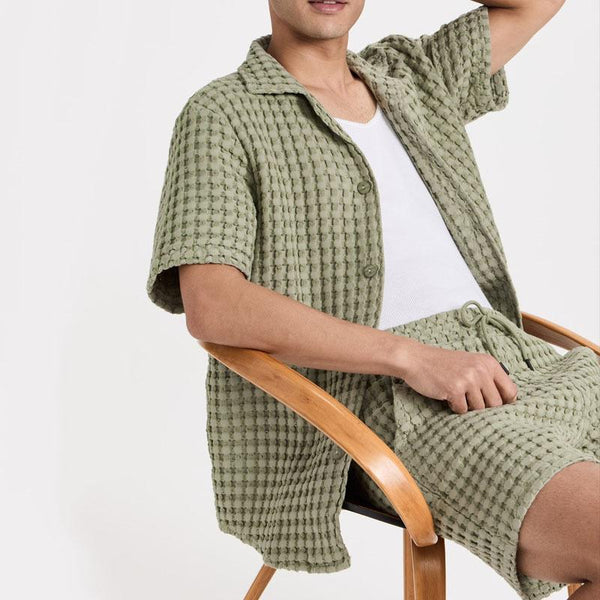 Men's Fashion Plaid Lapel Short Sleeve Shirt Loose Shorts Set 73594435M