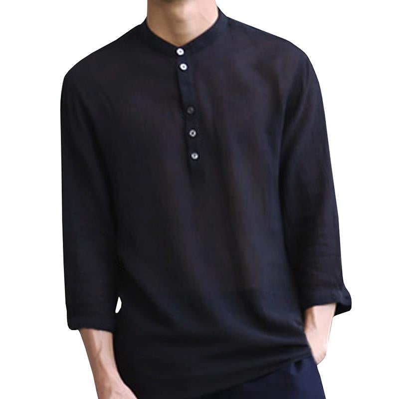 Men's Casual Solid Color Three Quarter Sleeve Henley Collar Cotton Linen Shirt 42265025M