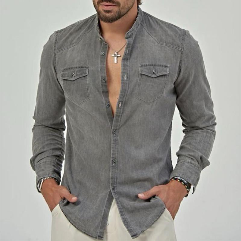 Men's Casual Retro Denim Patchwork Pocket Long Sleeve Shirt 21224251TO