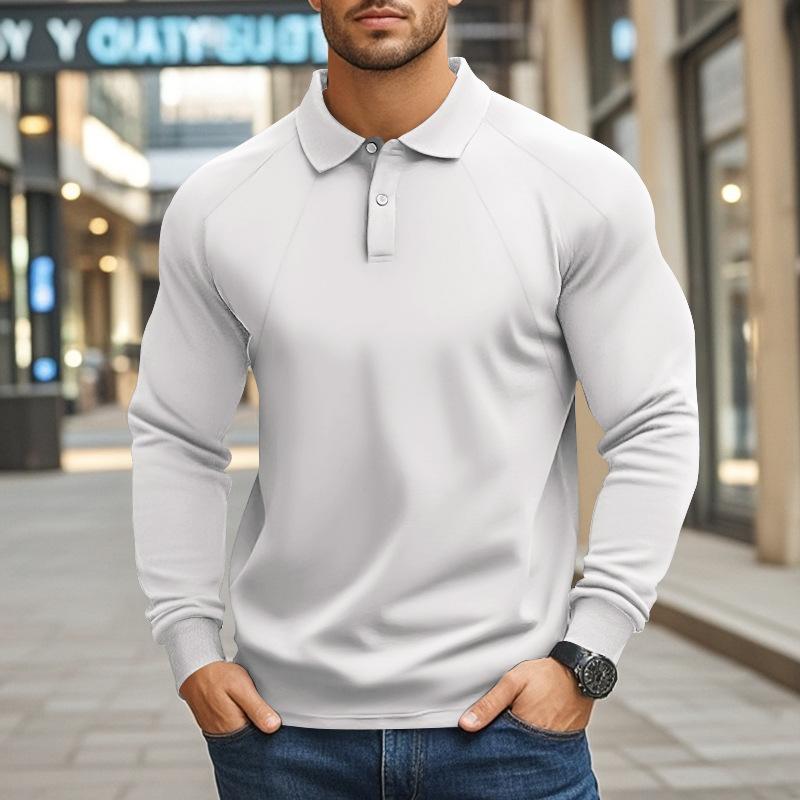 Men's Casual Solid Color Lapel Raglan Long Sleeve Polo Shirt 47889552M