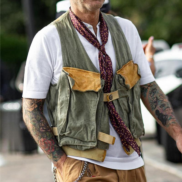 Men's Casual Retro Color Matching Workwear Large Pocket Vest 30108845TO