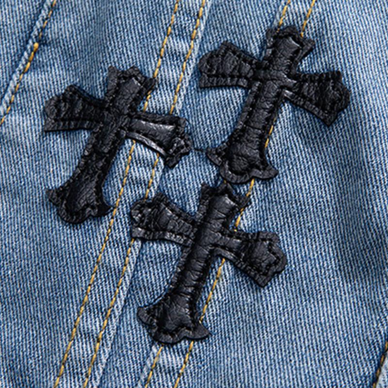 Men's Fashion Cross Patch Lapel Single Breasted Denim Jacket 84136194M