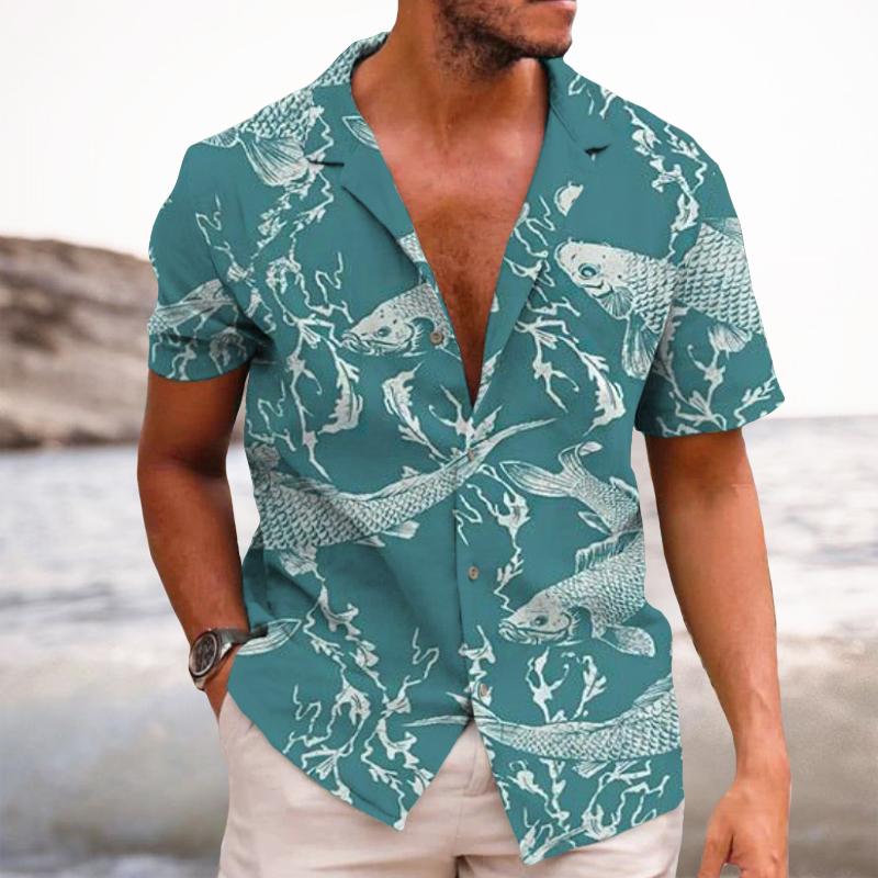 Men's Casual Lucky Carp Cuban Collar Short Sleeve Shirt 82877322TO