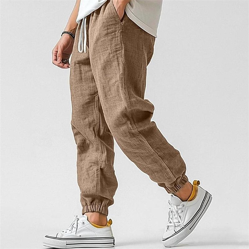 Men's Solid Color Cotton And Linen Elastic Waist Casual Pants 02919946Z