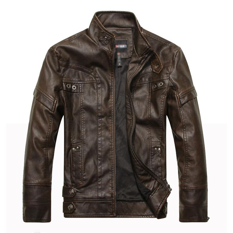 Men's Vintage Stand Collar Zipper Leather Jacket 74806084U