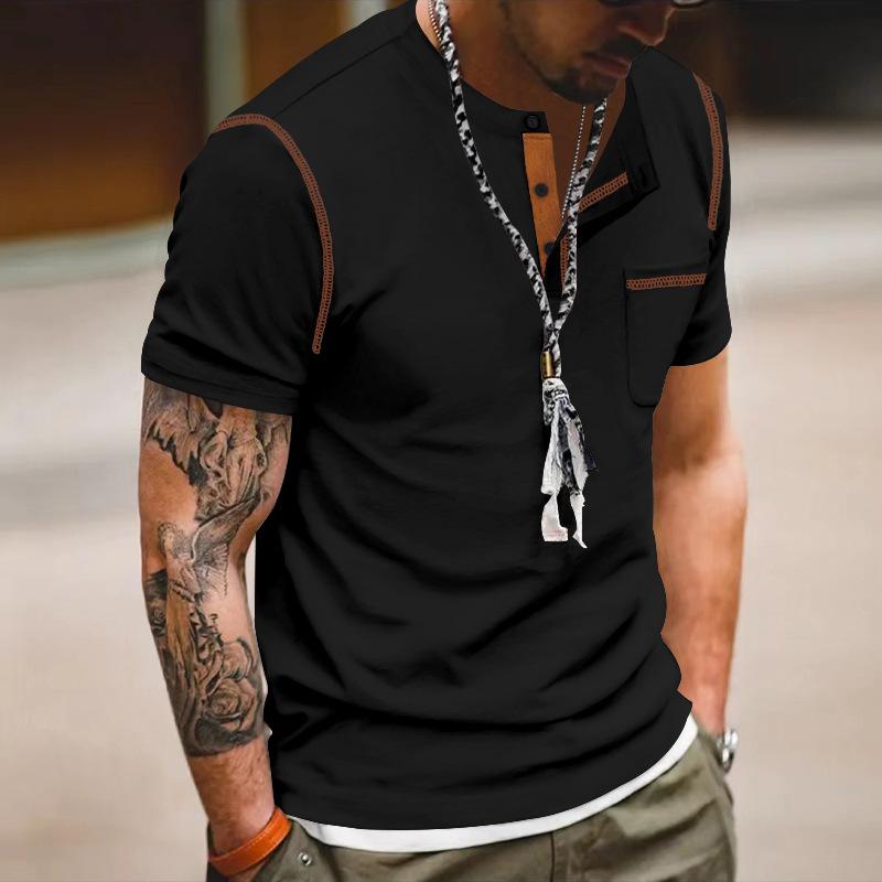 Men's Casual Colorblock Henley Collar Slim Fit Short Sleeve T-Shirt 07925648M