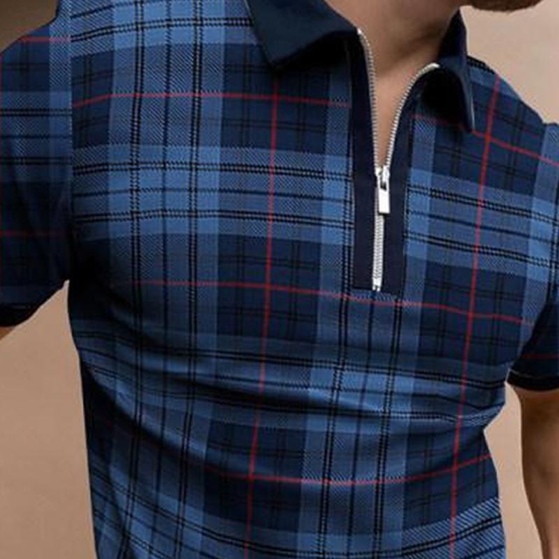 Men's Plaid Printed Zipper Lapel Short-Sleeved Polo Shirt 78170063Y
