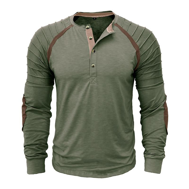 Men's Casual Outdoor Pleated Stitching Long Sleeve Henley T-Shirt 70318322M