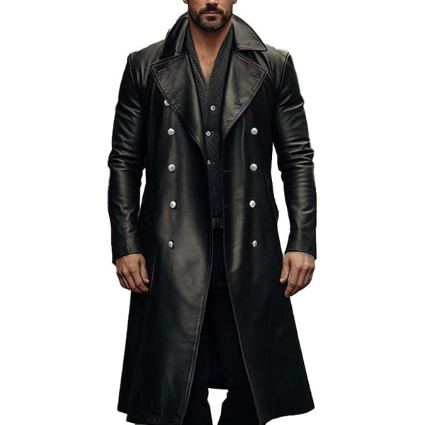 Men's Vintage Leather Solid Color Mid Length Leather Coat 35506675X