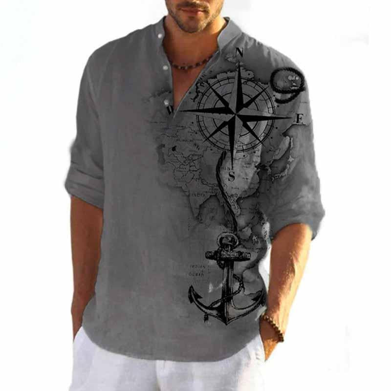 Men's Beach Vacation Print Long Sleeve Stand Collar Shirt 18627482X