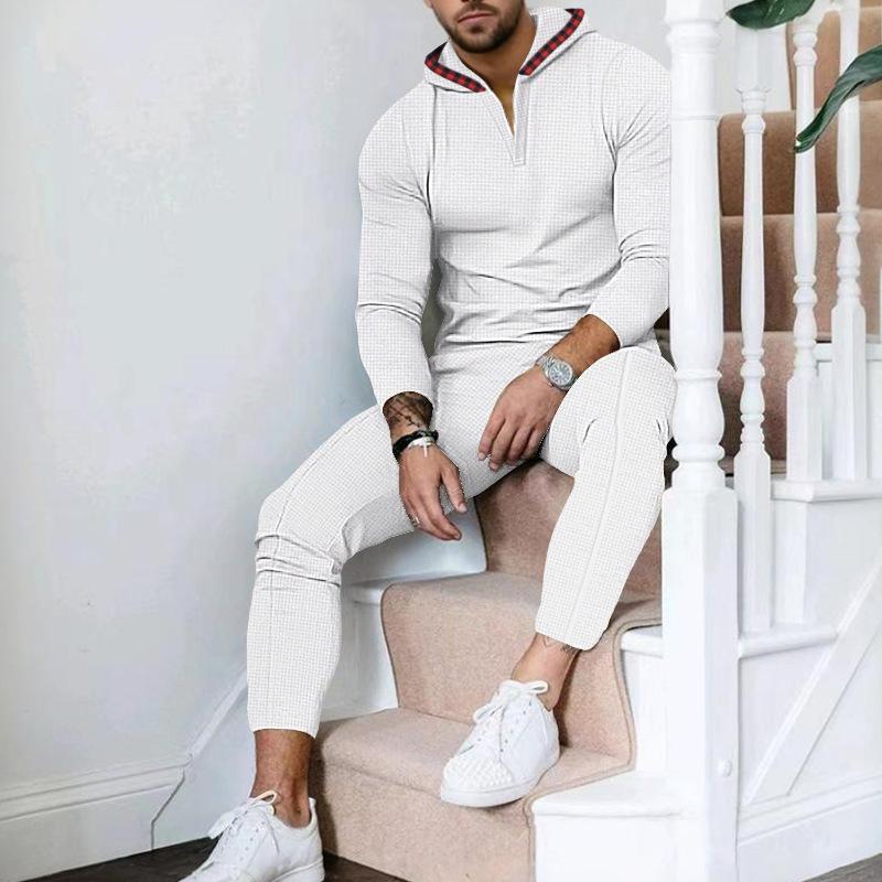 Men's Solid Color Waffle Long Sleeve Hoodie Trousers Casual Set 14339688Z