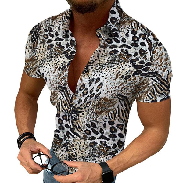 Men's Retro Leopard Lapel Short Sleeve Shirt 97416548TO
