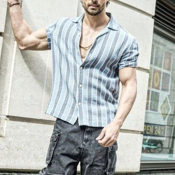 Men's Casual Striped Laple Short-Sleeve Shirt 57199337M