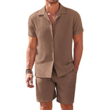 Men's Cotton And Linen Lapel Short-Sleeved Shirt And Shorts Set 75926866Y