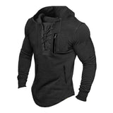 Men's Casual Solid Color Lace-Up Multi-pocket Pullover Hoodie 36766275M