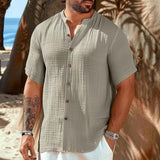 Men's Cotton and Linen Stand Collar Short-sleeved Shirt 61572289X