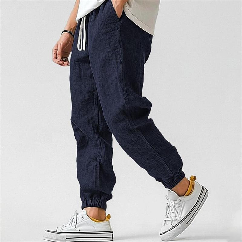 Men's Solid Color Cotton And Linen Elastic Waist Casual Pants 02919946Z