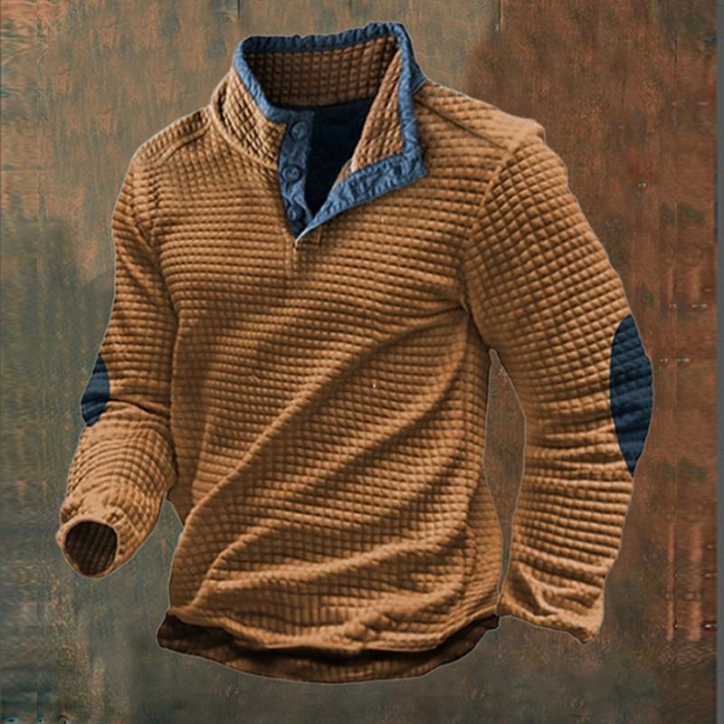 Men's Waffle Contrast Button Stand Collar Long Sleeve Sweatshirt 61705438X