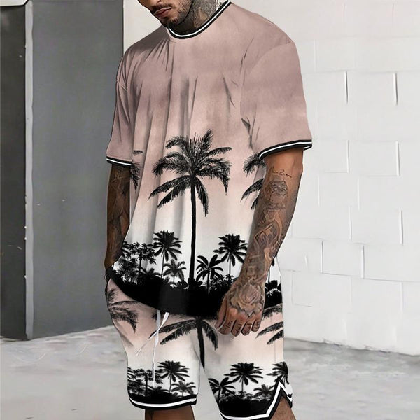 Men's Casual West Coast Ombre Coconut Tree Print Two-Piece Set 67283926TO