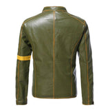 Men's Vintage Distressed Stand Collar Contrast Color Motorcycle Leather Jacket 10108770M