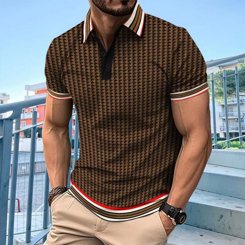 Men's Casual Houndstooth Color Block Short Sleeve POLO Shirt 51904569X
