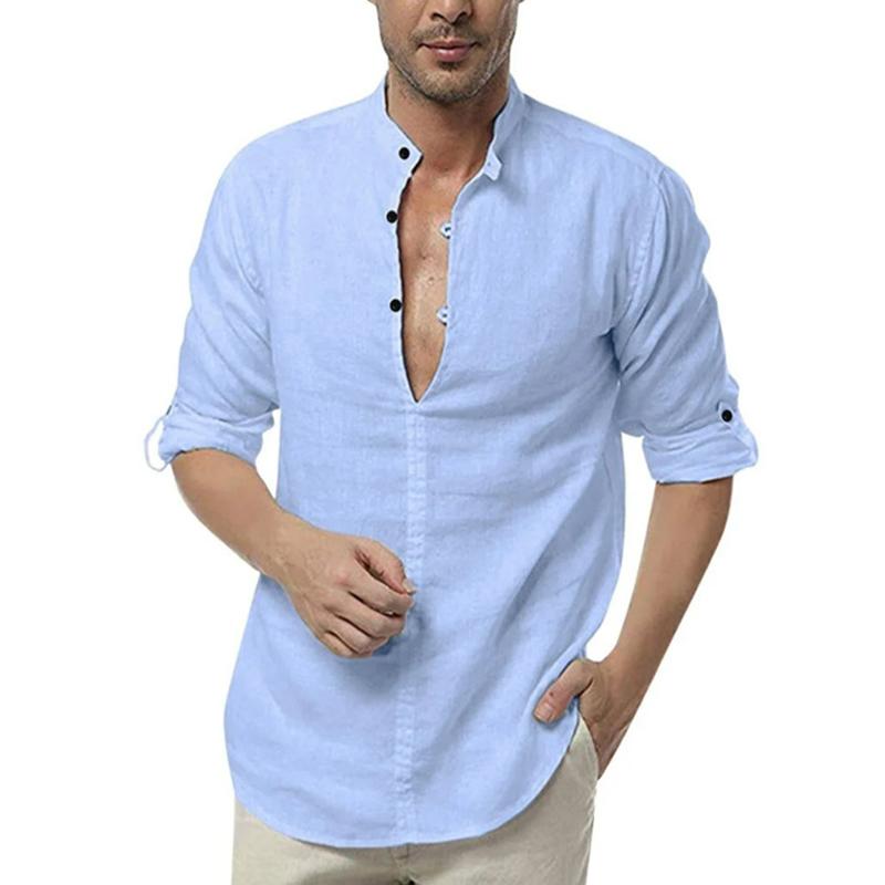 Men's Casual Cotton Solid Color Stand Collar Long Sleeve Pullover Shirt 62776183M