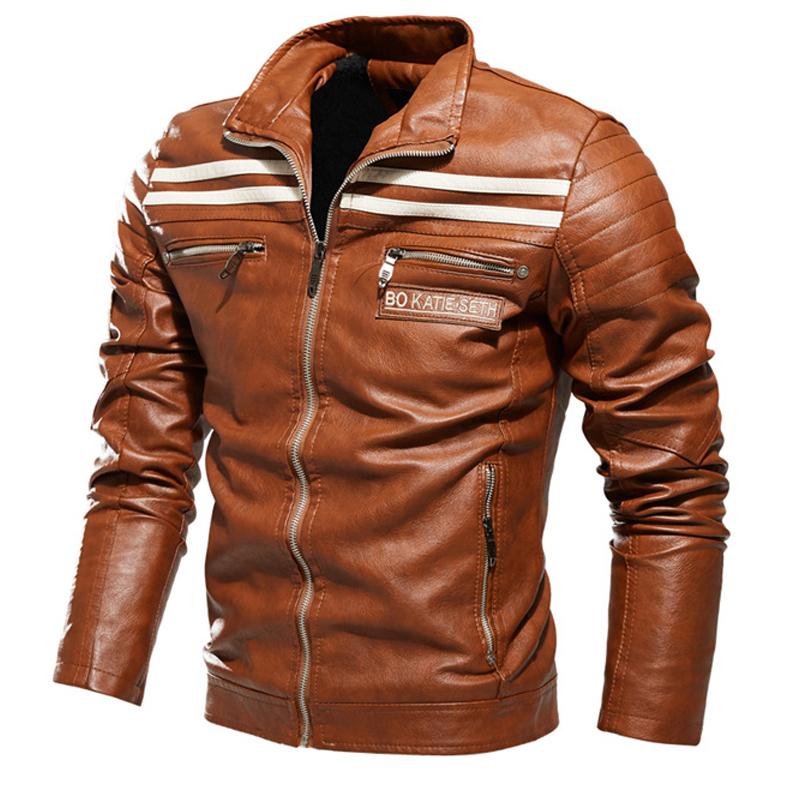 Men's Autumn Winter Motorcycle Fleece Leather Jacket 48685615U