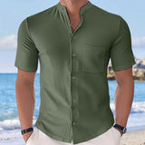 Men's Casual Cotton Linen Patch Pocket Stand Collar Short-Sleeved Slim Shirt 06047395M