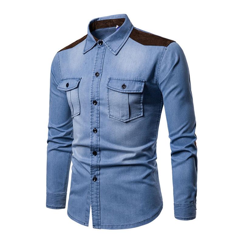 Men's Vintage Suede Color Block Washed Denim Long Sleeve Shirt 40200530M