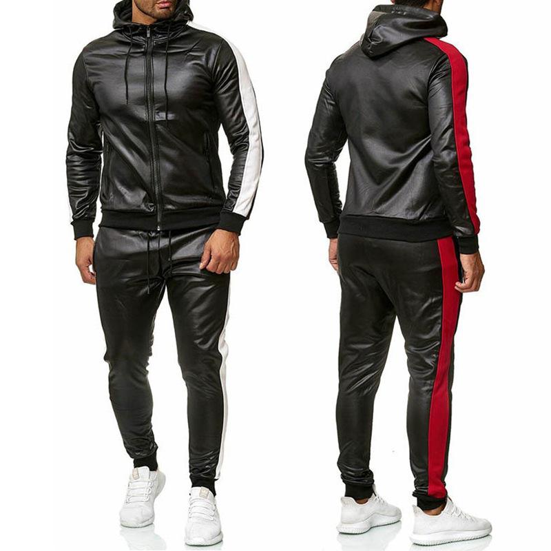 Men's Casual Slim Fit Stitching PU Leather Hoodie Fit Sweatpants Set  10873338K