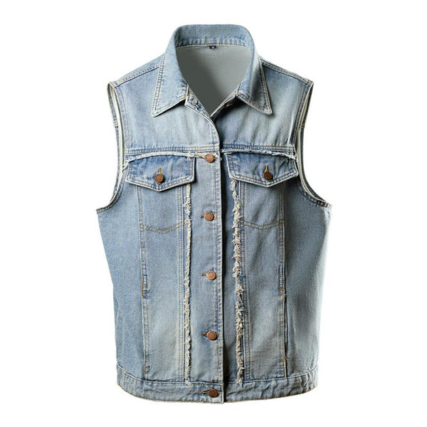 Men's Vintage Washed Raw Edge Patchwork Multi-pocket Denim Vest 01135191M