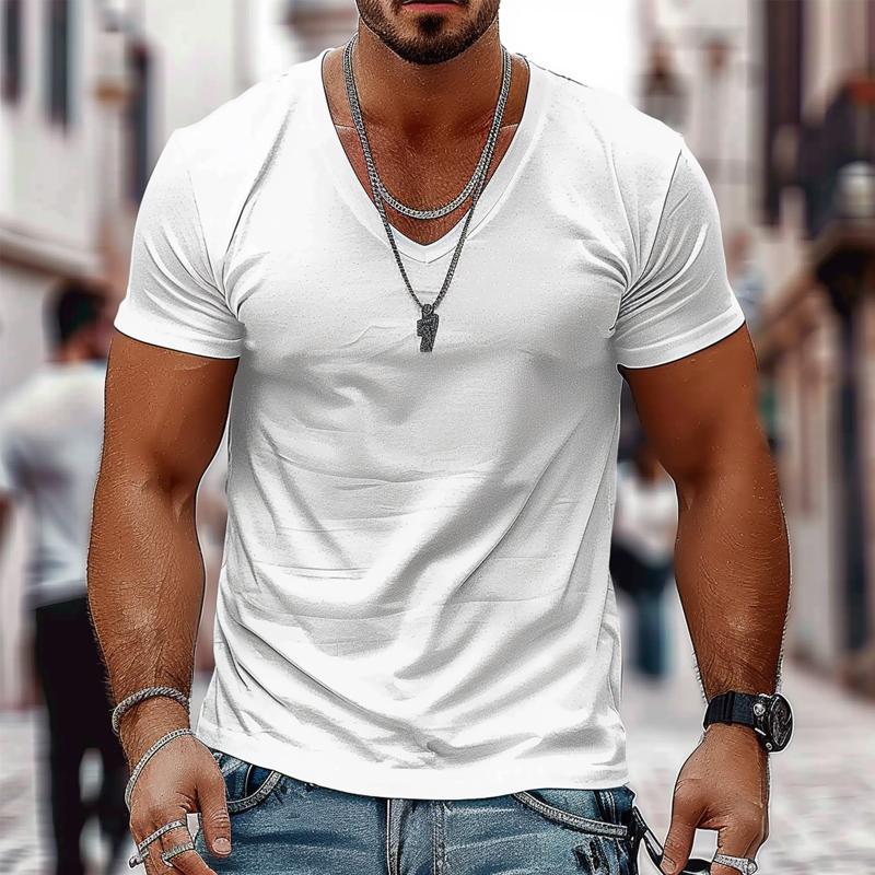 Men's Solid Color Casual V-neck Cotton Short-sleeved T-shirt 98171741X