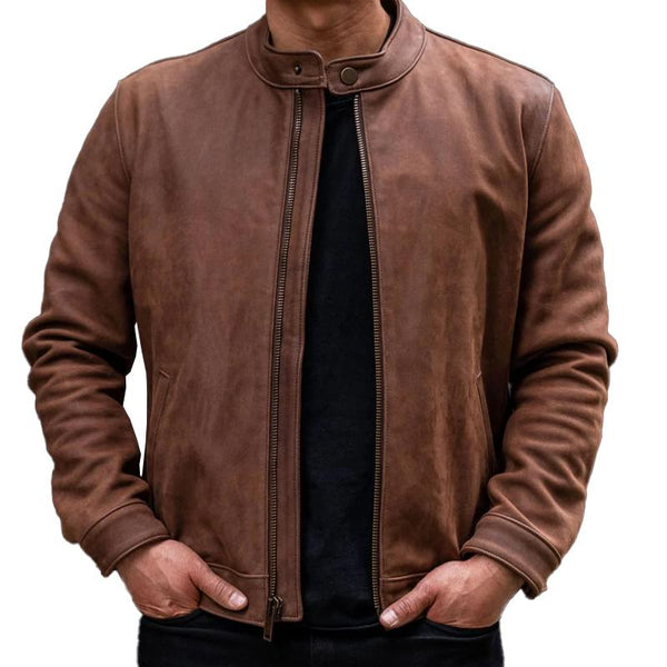 Men's Solid Collar Zipper Leather Jacket 67220166X