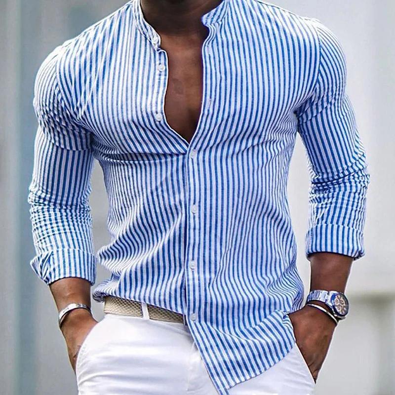 Men's Stripe Print Casual Fashion Stand Collar Shirt 14381228X