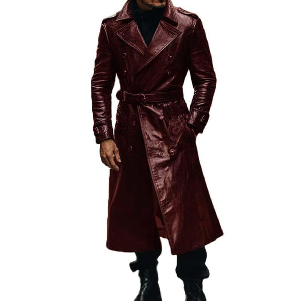 Men's Vintage Classic Casual Calf-Length Leather Trench Coat 99424395K