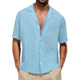 Men's Casual Solid Color Cotton Linen Lapel Loose Short Sleeve Shirt 30698355M