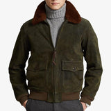 Men's Army Green Suede Fur Collar Jacket 69142721U