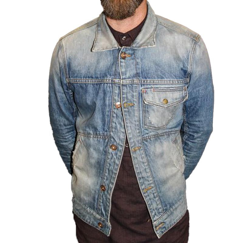 Hommes'S Veste en jean délavée vintage à col blazer et poches multiples 22821320Y
